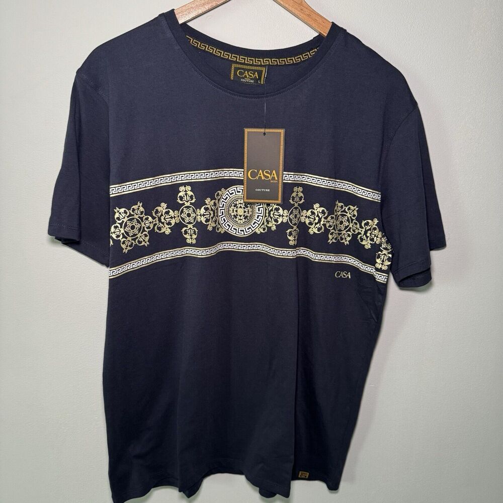 Casa Moda Couture Men’s Shirt Size Large Blue Versace Pattern Short Sleeves NWT